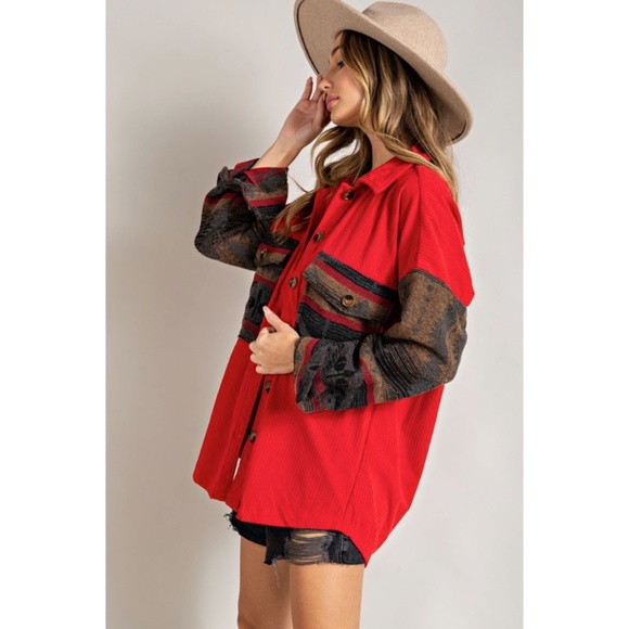Red Corduroy Aztec Tribal Western Printed Shacket Shirt Jacket - Picture 5 of 7